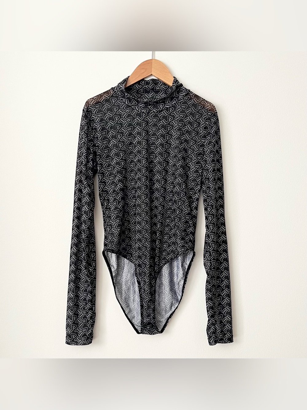 Fila Women's Gaganga Sheer Mesh Logo Bodysuit Black Size M Sexy Streetwear Sleek